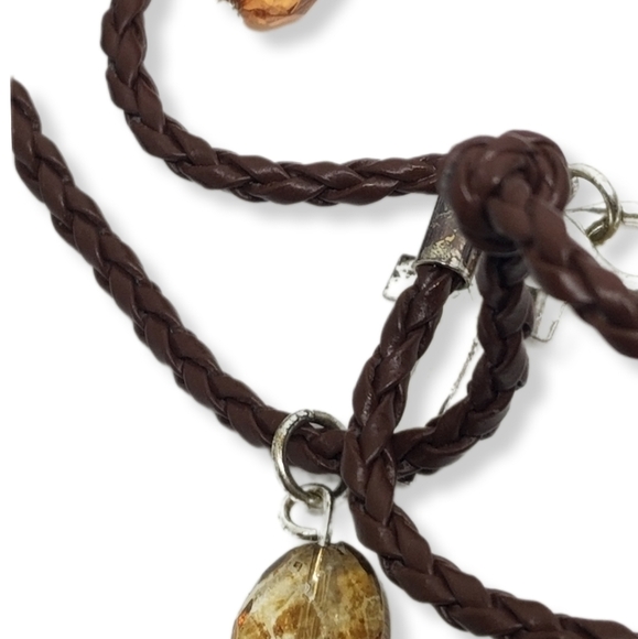 VERY LONG BROWN BRAIDED LEATHER & SILVERPLATED CROSS CHARMS NECKLACE - Picture 6 of 10